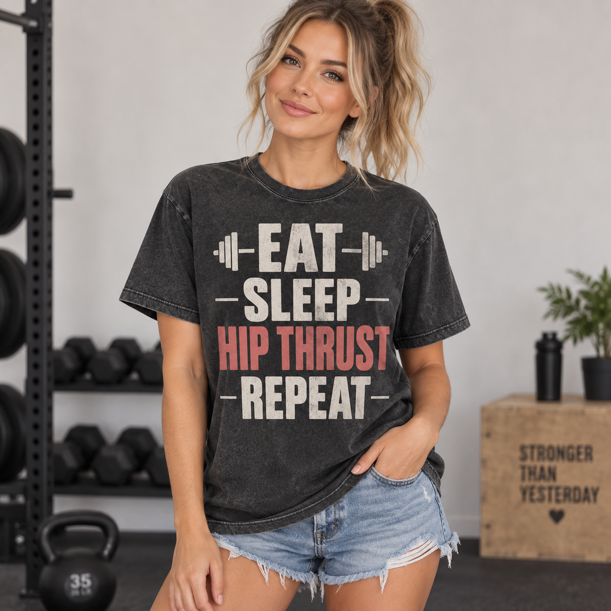 Model wearing Eat Sleep Hip Thrust Repeat tee