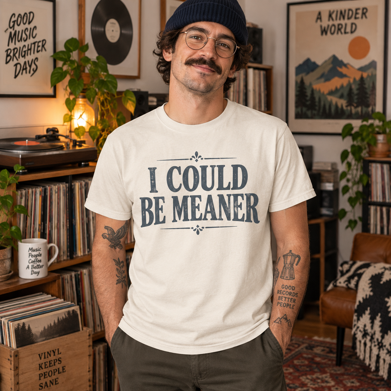 Man wearing the I Could Be Meaner T-shirt in soft ivory