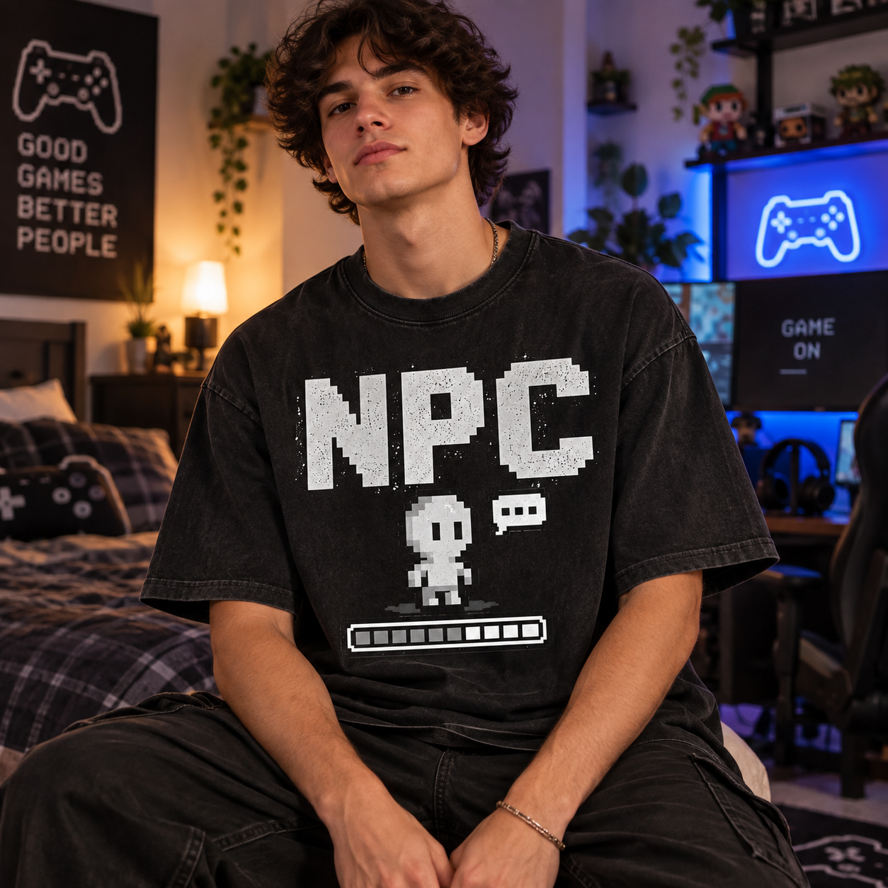 NPC pixel art tee in gaming room