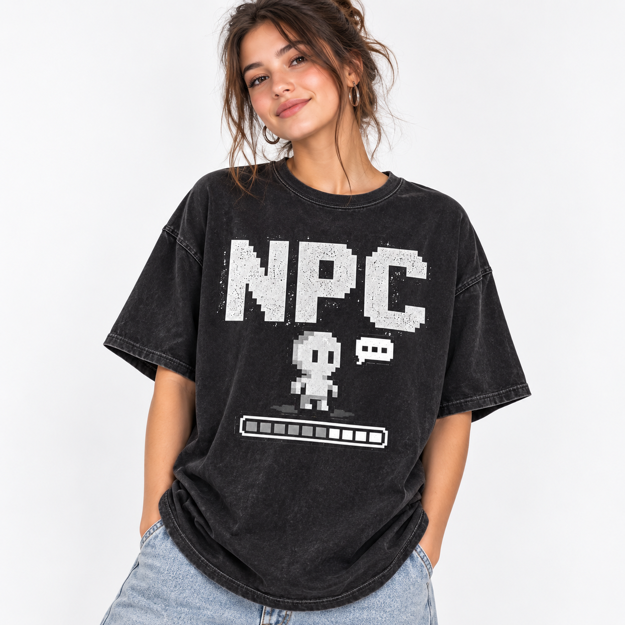Woman wearing NPC pixel art tee