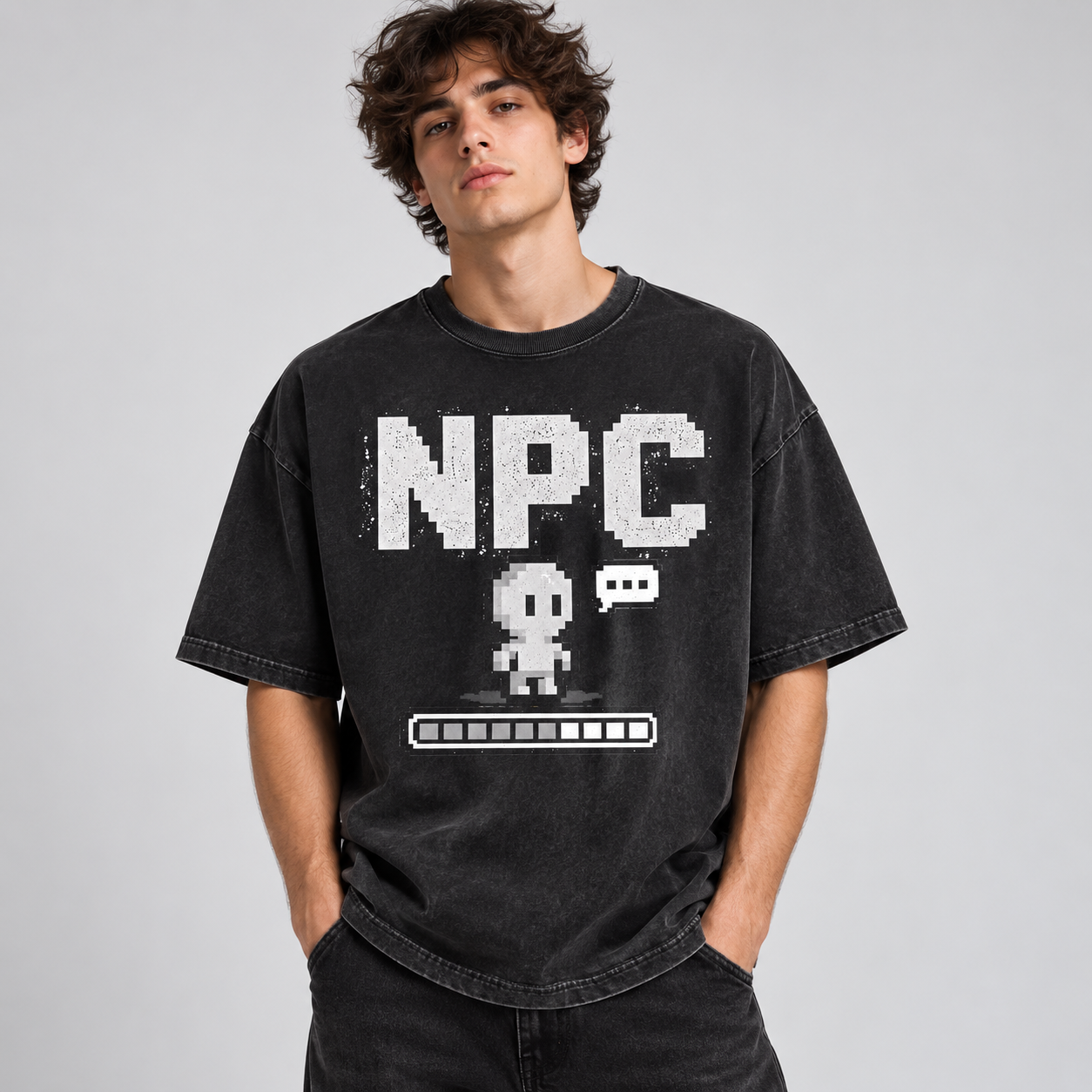 Model wearing NPC pixel art tee