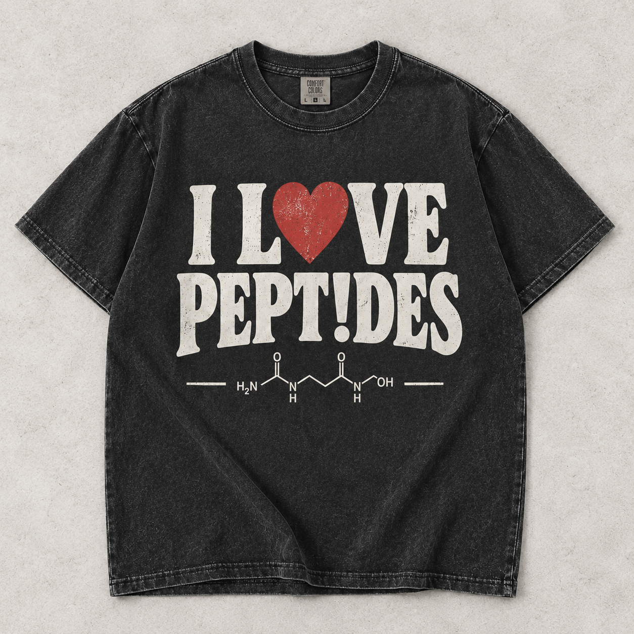 I Love Peptides vintage black tee flat lay