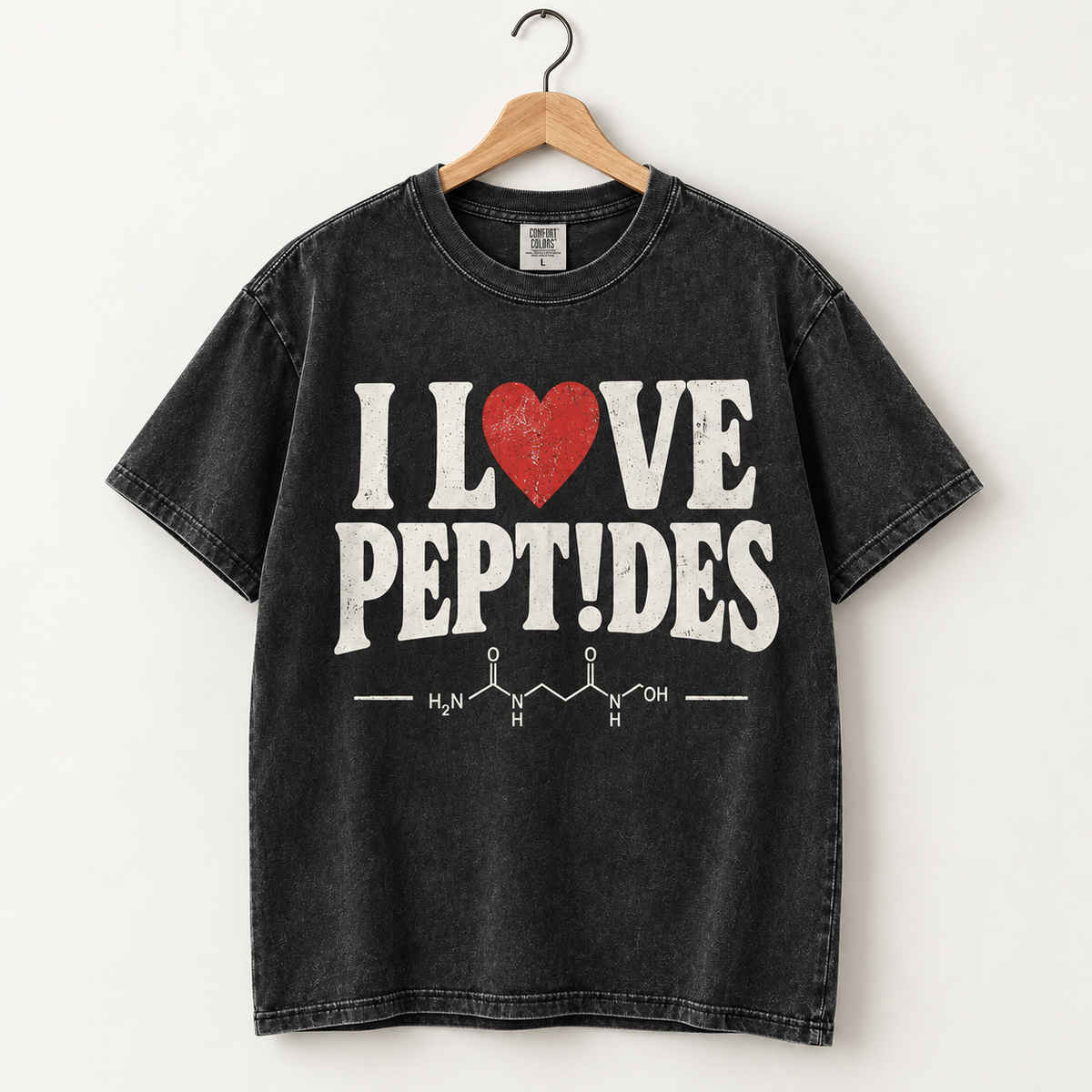 I Love Peptides tee on hanger