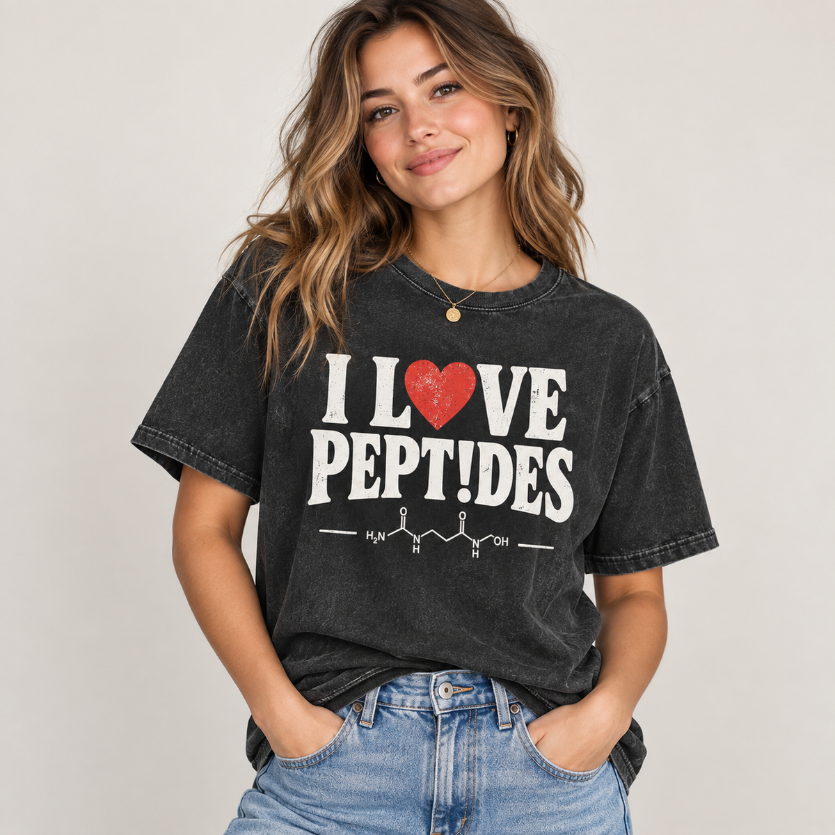 Model wearing I Love Peptides tee