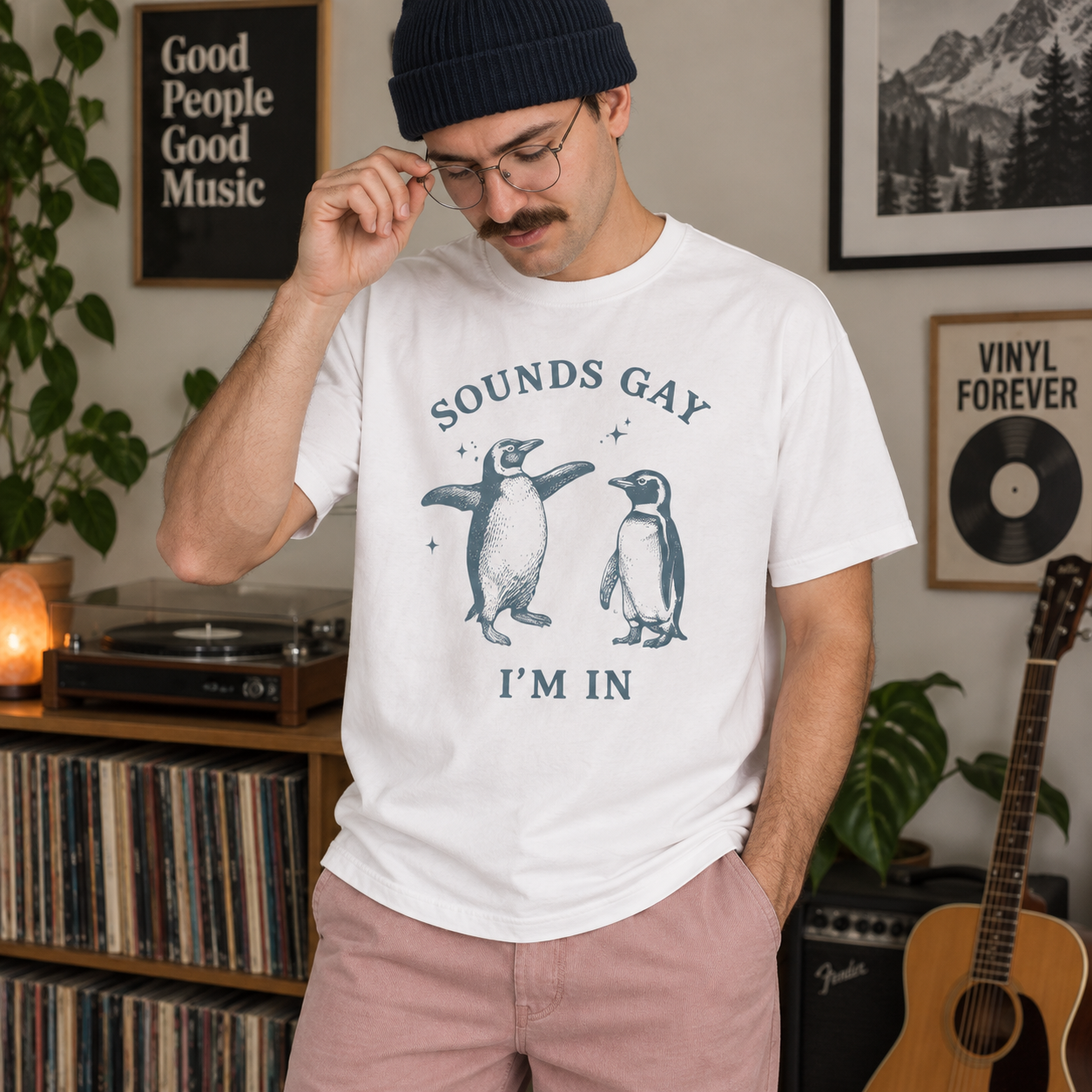 Man wearing the Sounds Gay, I’m In T-shirt in white